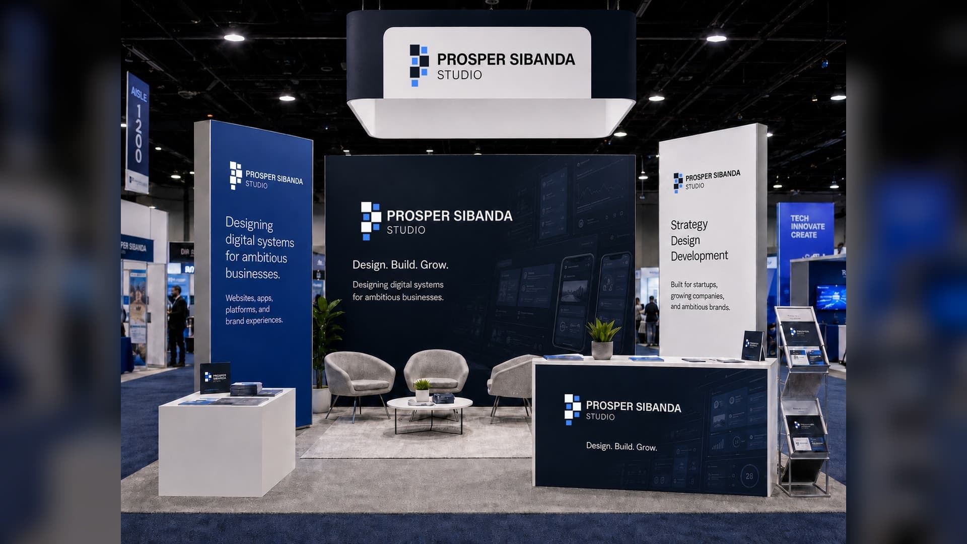 Prosper Sibanda Studio exhibition booth presenting the studio's digital product and brand capabilities
