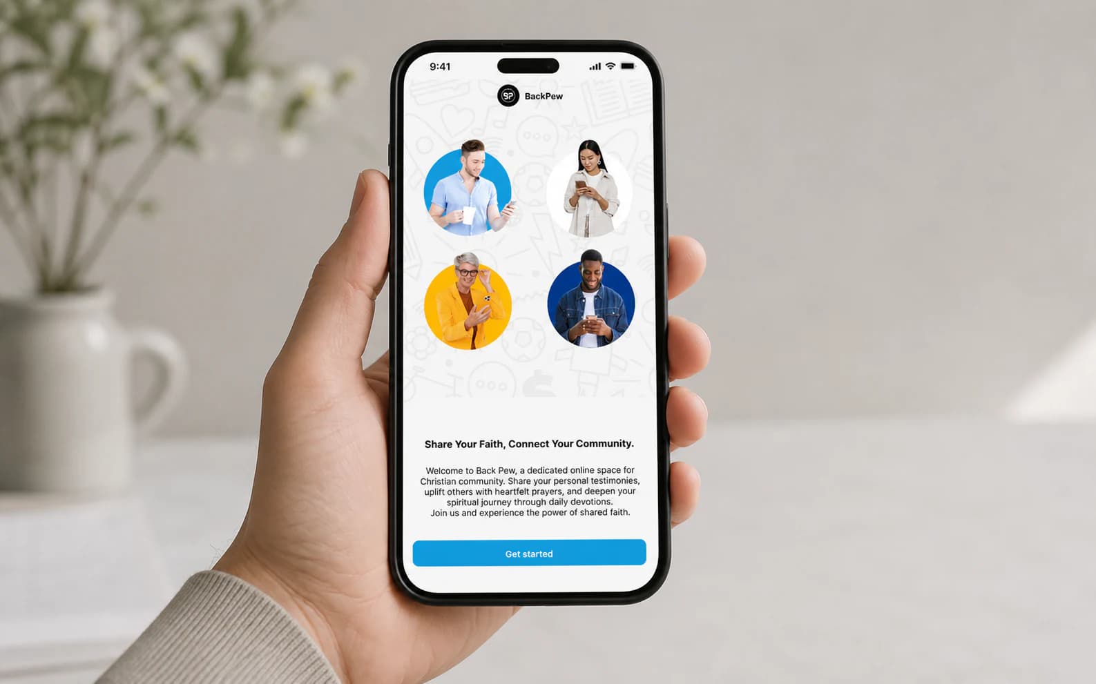 BackPew mobile app displayed in a realistic handheld smartphone mockup