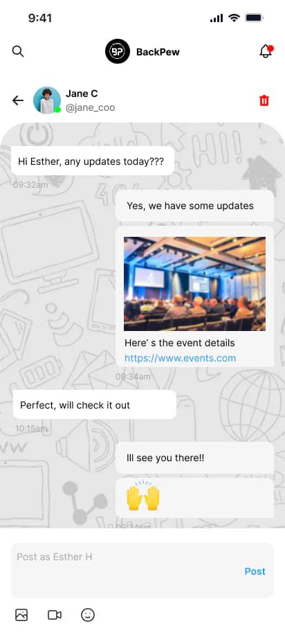 BackPew private messaging interface between community members