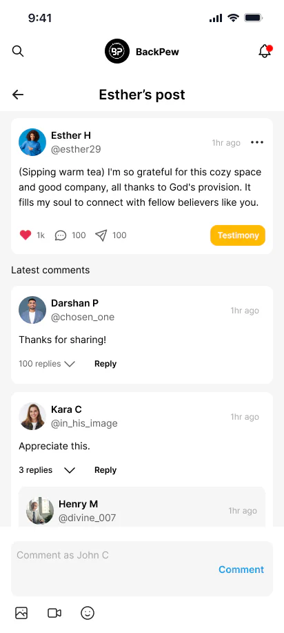 BackPew post detail and comment conversation