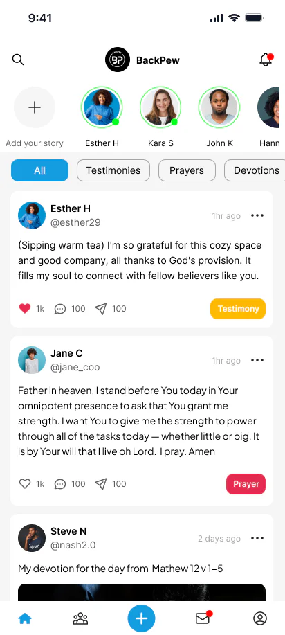 BackPew mobile app home feed with testimonies, prayers, and devotional posts