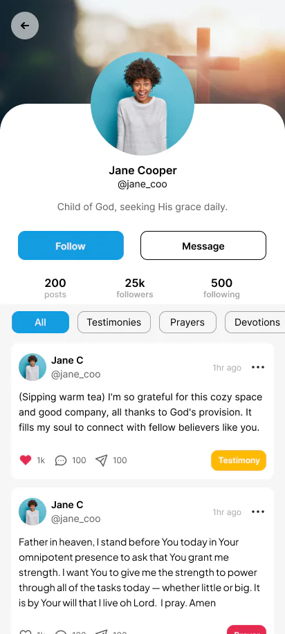 BackPew user profile with faith-based posts and community statistics