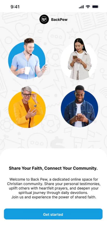 BackPew mobile app welcome screen introducing the Christian community platform