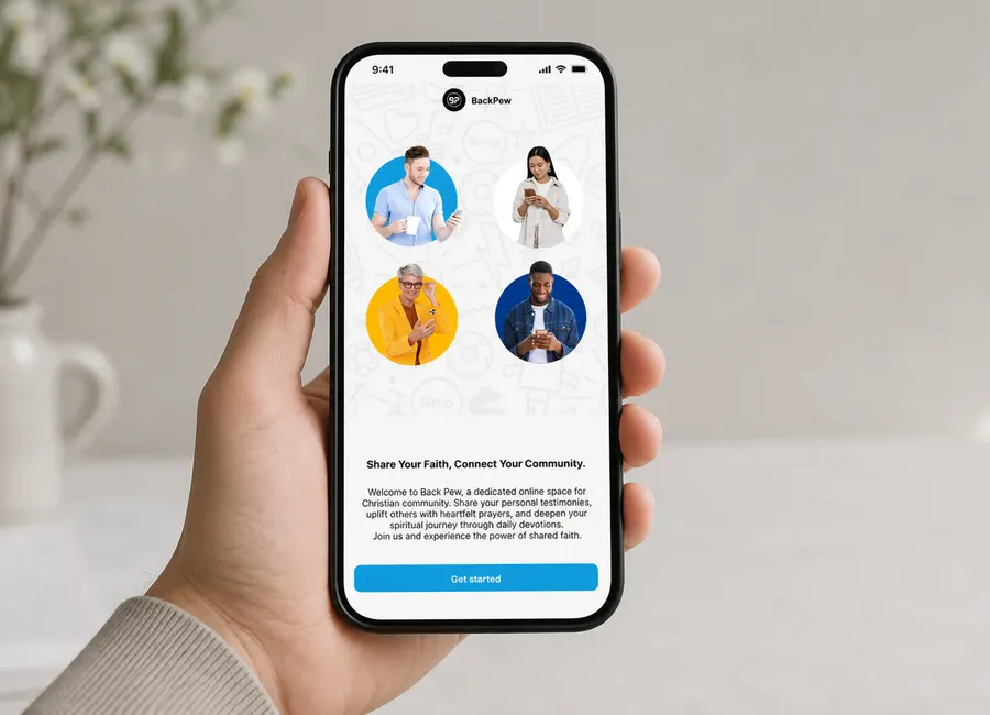 BackPew mobile app displayed in a realistic handheld smartphone mockup