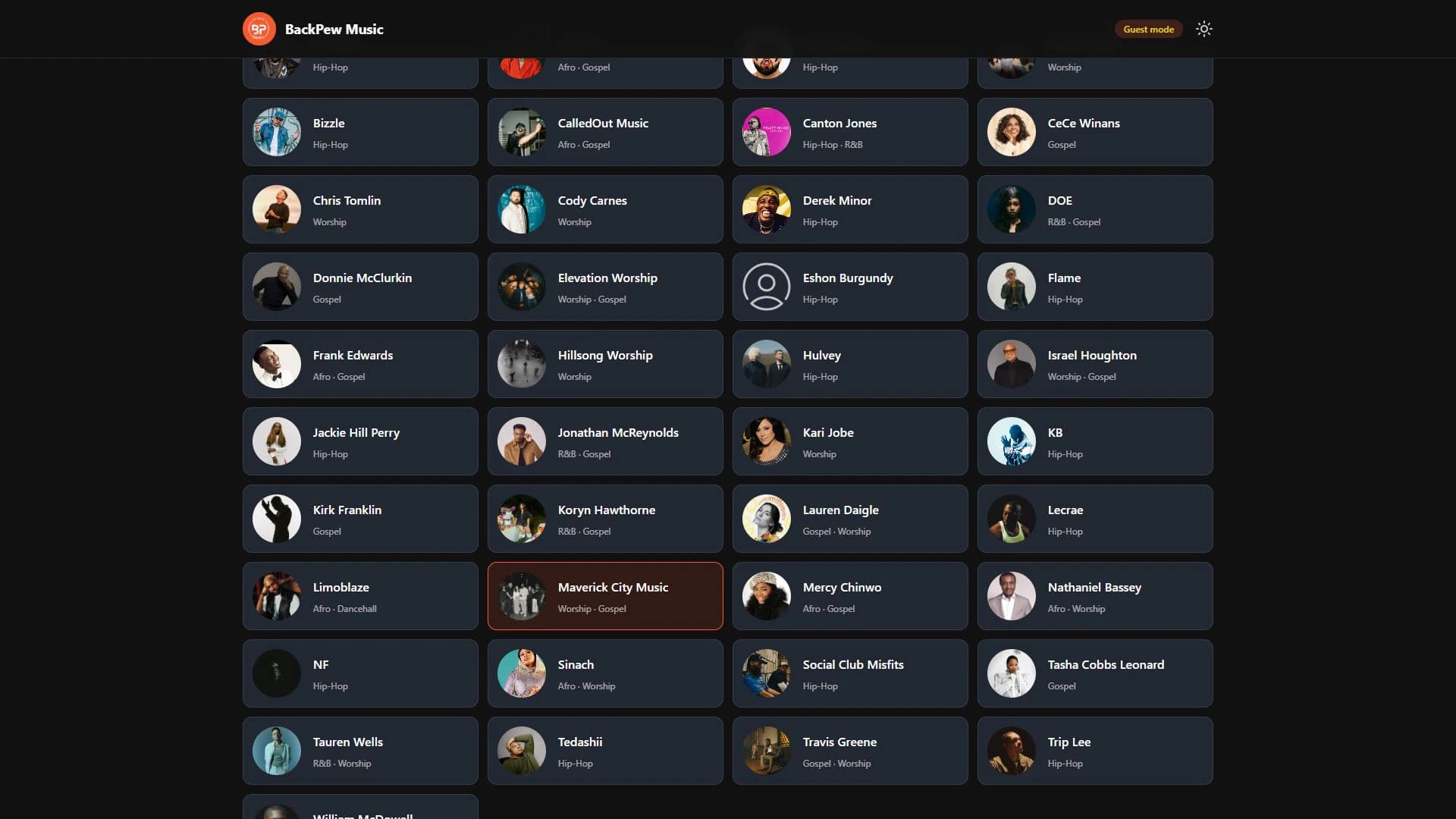 BackPew Music Christian artist library arranged in a responsive card grid