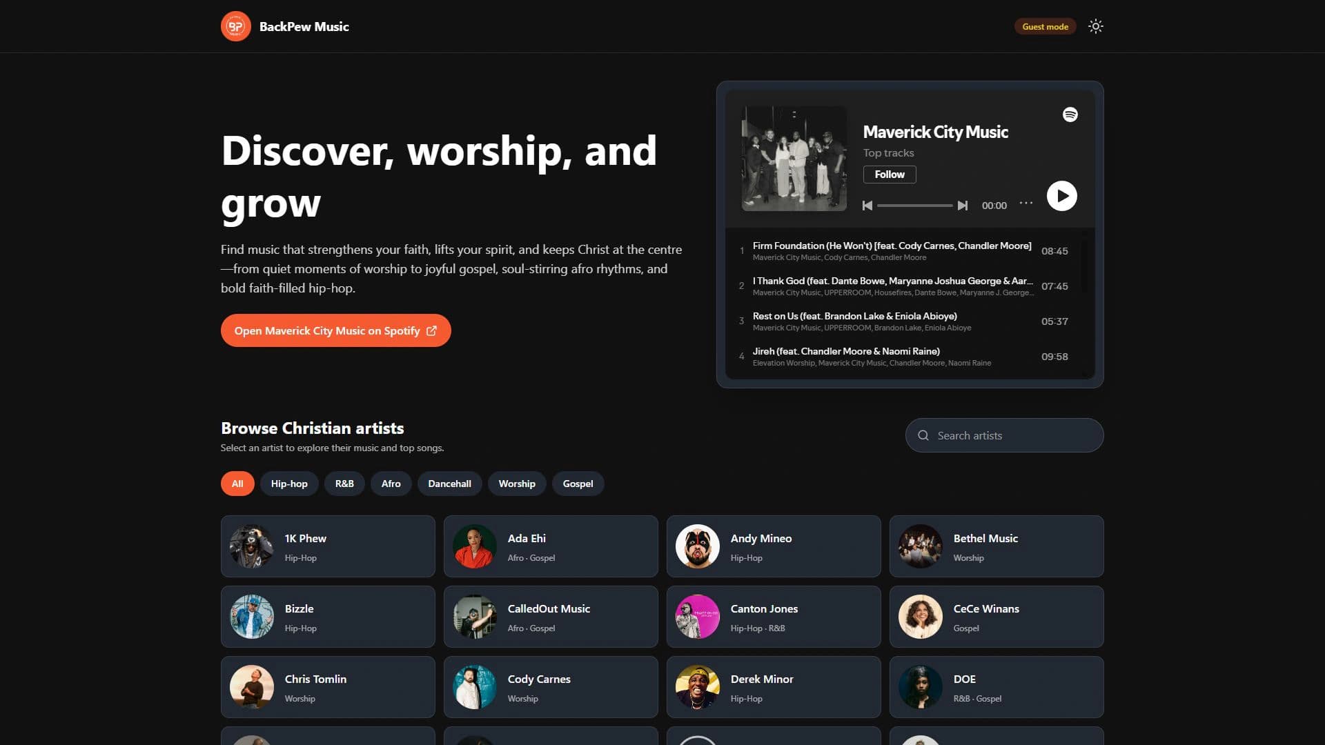 BackPew Music web app featuring Maverick City Music and Christian artist discovery filters
