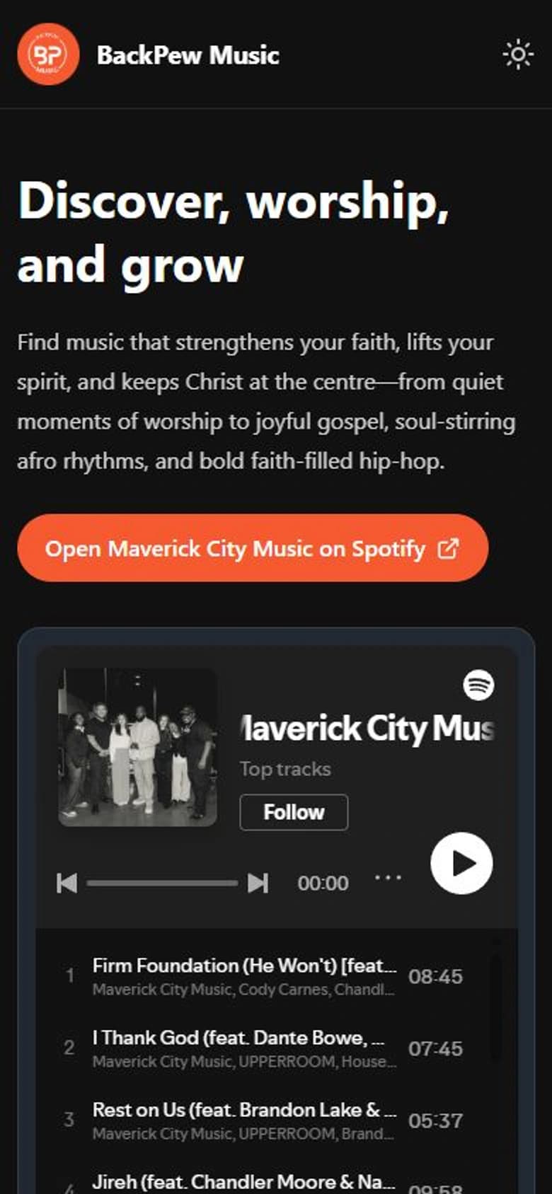 BackPew Music featured artist and Spotify playback experience on mobile