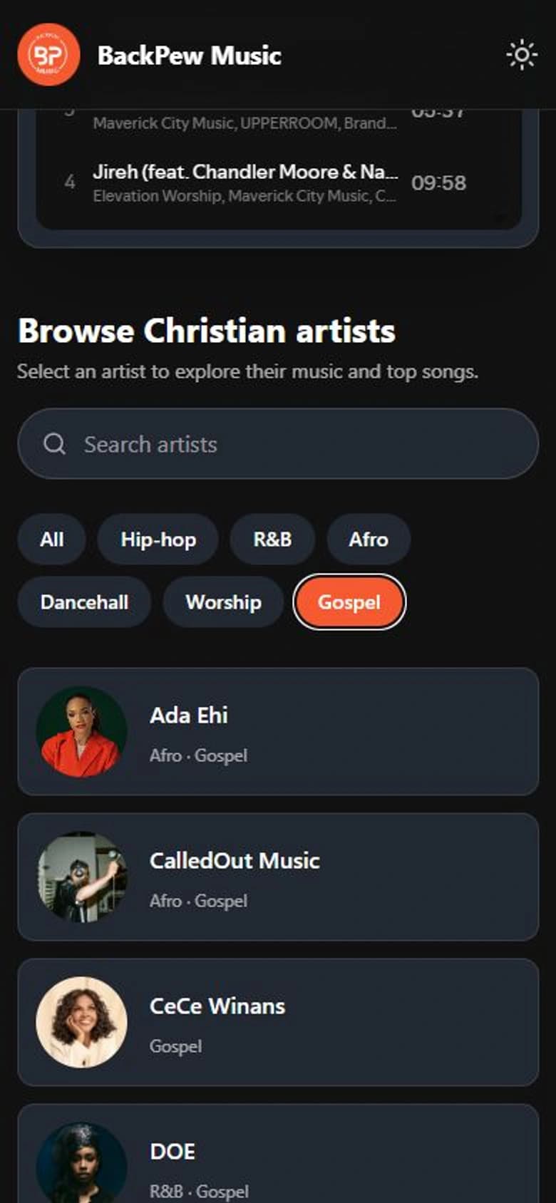BackPew Music gospel genre filter applied on mobile