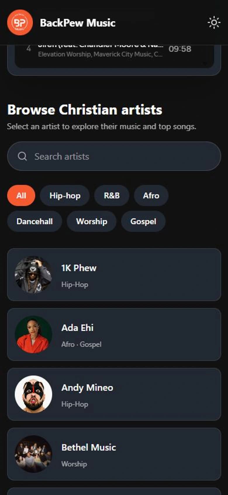 BackPew Music Christian artist library on mobile