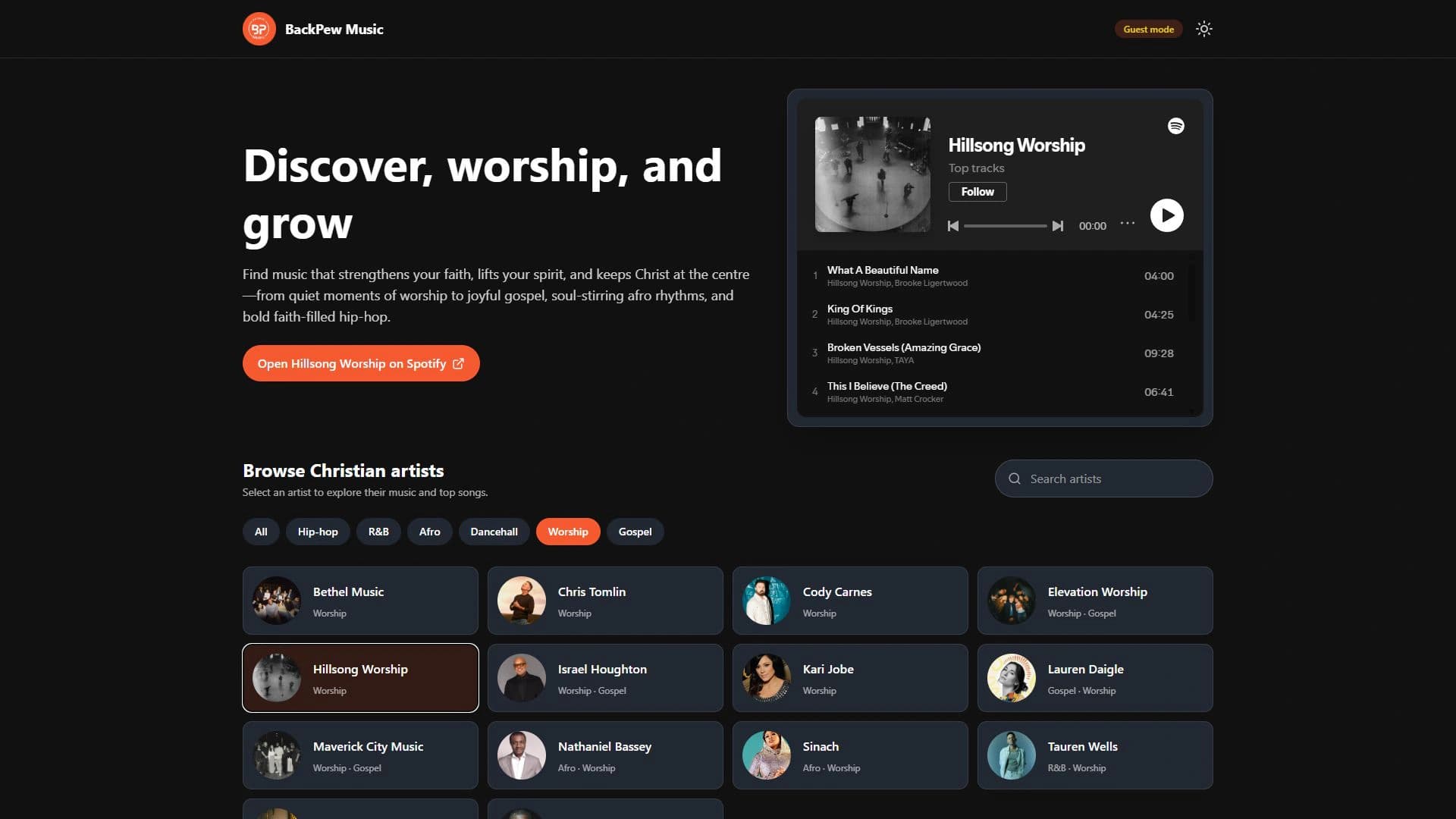 BackPew Music interface showing a selected worship artist and Spotify tracks
