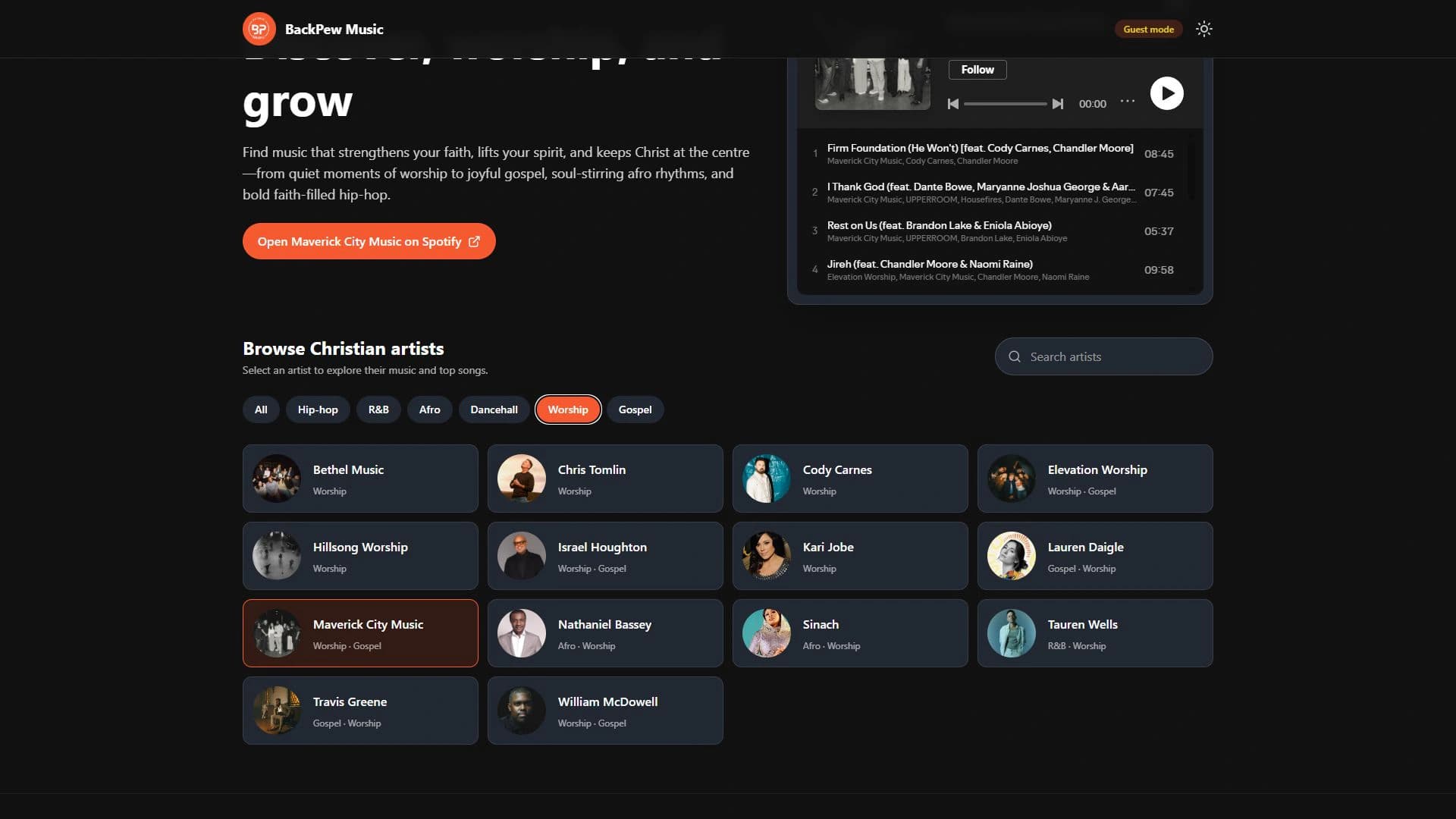 BackPew Music artist library filtered to worship music