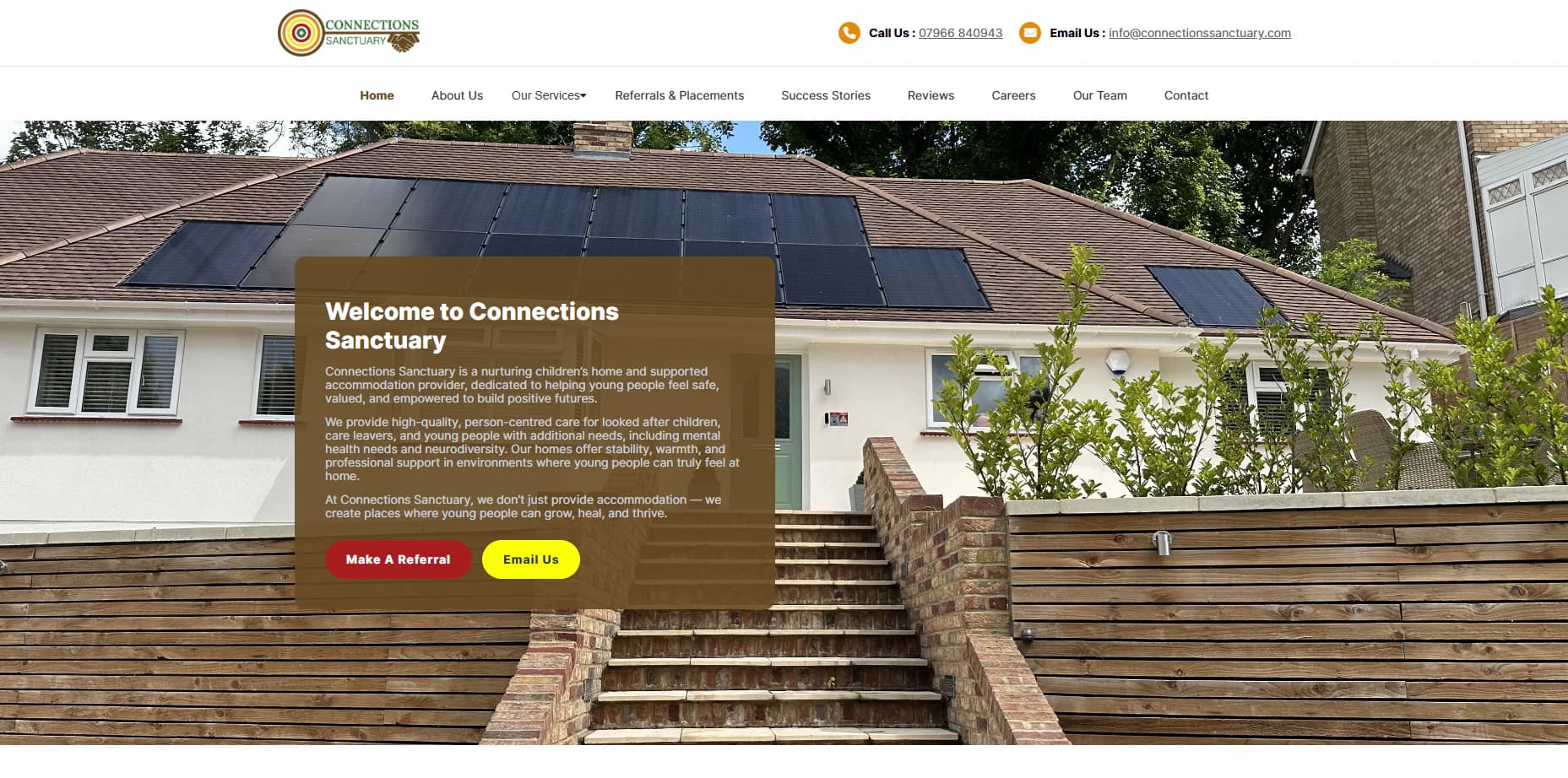 Connections Sanctuary website homepage for a children's home and supported-accommodation provider