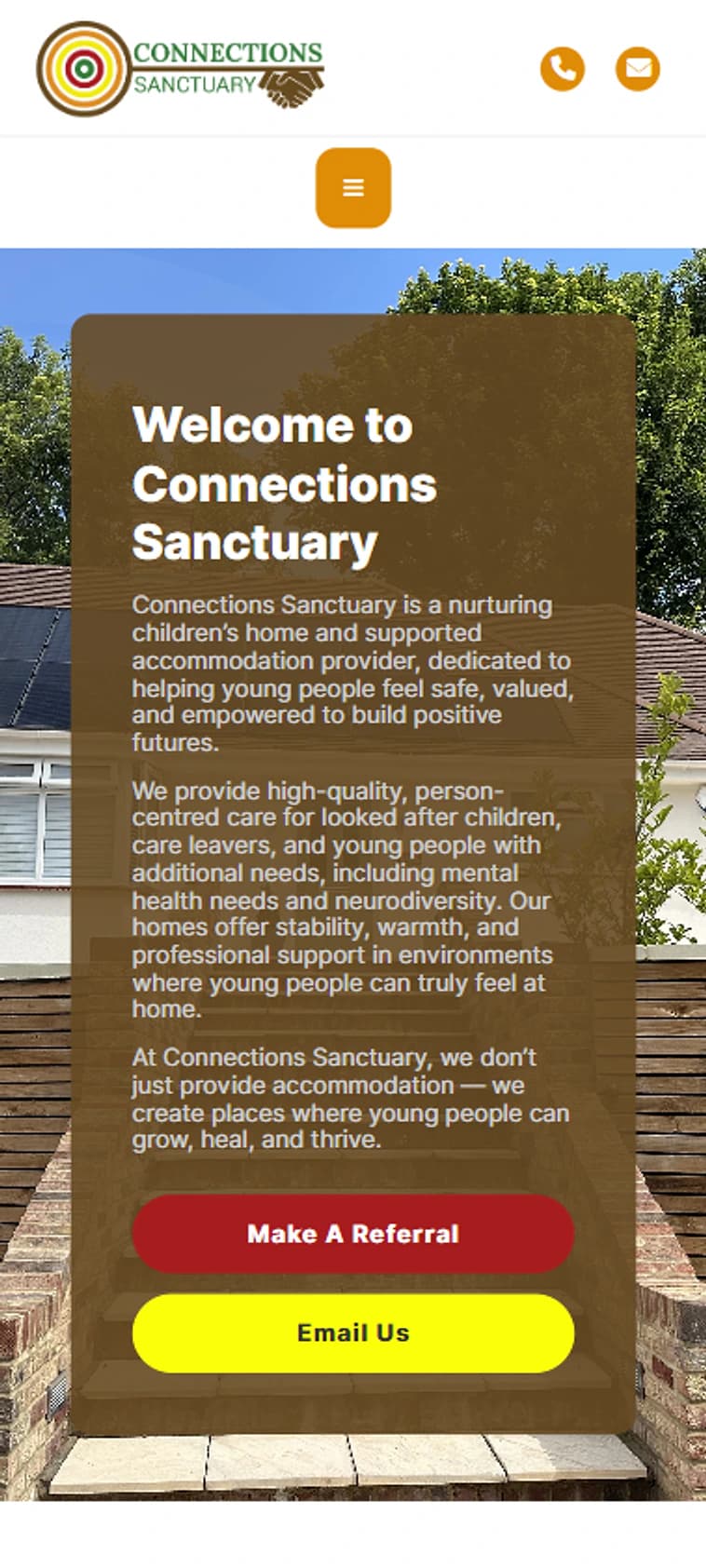 Connections Sanctuary homepage adapted for a mobile screen