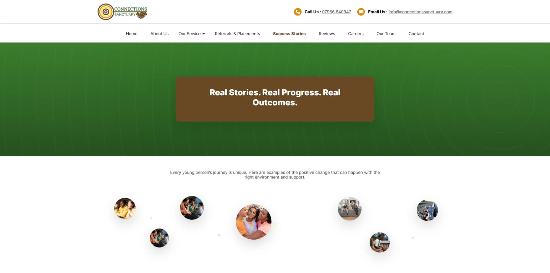 Connections Sanctuary success stories page on desktop