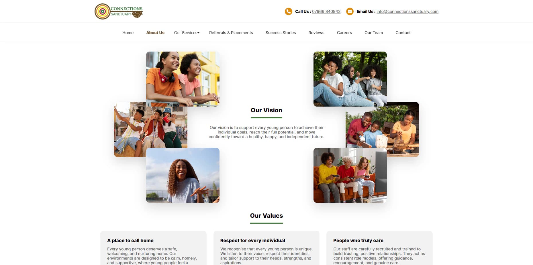 Connections Sanctuary vision and values page on desktop